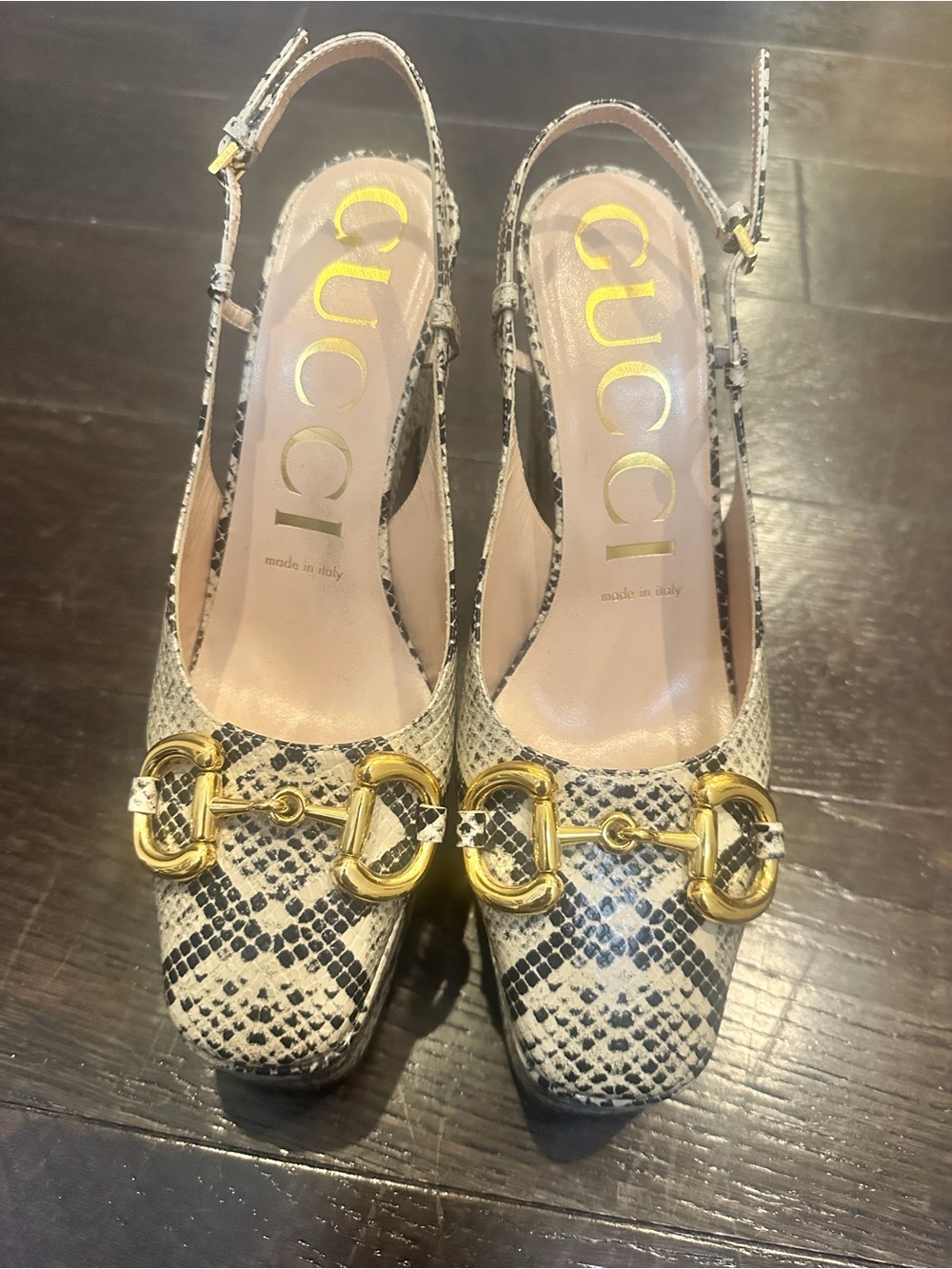 Gucci Beige Snake-Print Slingback Pumps with Gold Horsebit